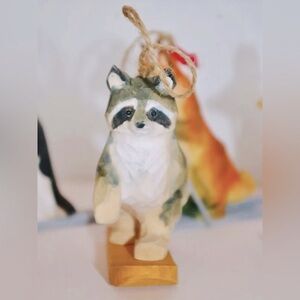 WISTERIA Rustic Hand Carved Wooden Raccoon Christmas Ornament - Snow Critters
